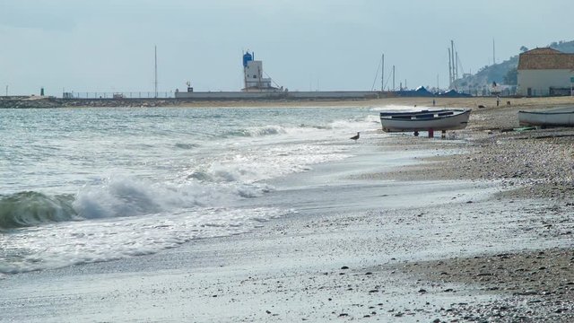 Southern Spain Quiet Beach Scene on a Sunny Day with Boats and Birds as the Waves Break onto the Sand at Puerto de la Duquesa in Manilva