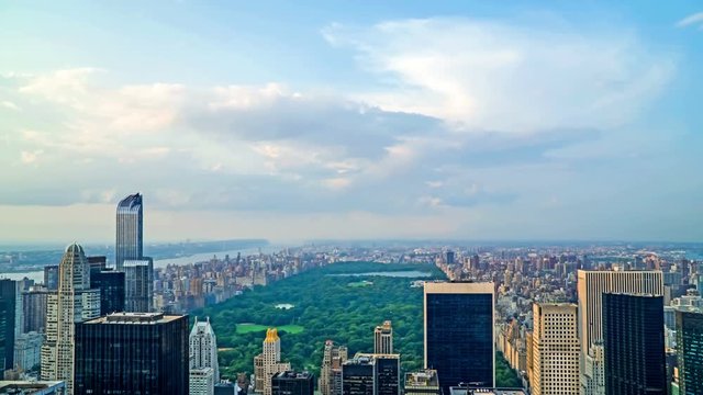 Timelapse of the Central Park and modern buildings looking from Rockefeller Center, NYC, USA
