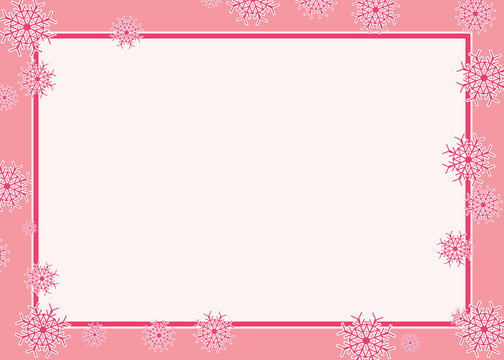 Pink snowflake frame vector illustration border with random pattern. Inside fits a picture or text for invitation or greeting