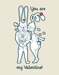 Valentines Day gift, greeting card with cute and chic rabbits. Cartoon hand drawn design for lovers. Vector vertical postcard template