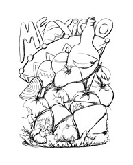Mexico cuisine. Tasty food, graphic sketch, artistic illustration for coloring book page design