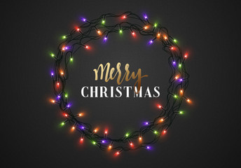 Merry Christmas and Happy New Year. Christmas background black color with realistic garlands. Xmas Holiday.