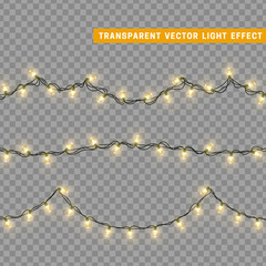 Christmas lights isolated realistic design elements. Glowing lights for Xmas Holiday greeting card design. Garlands, Christmas decorations. Led neon lamp