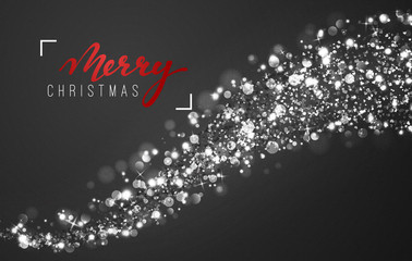 Christmas background with bright realistic glitter confetti of stars. Xmas Holiday glowing lights effect. Greeting cards design Merry Christmas and Happy New Year, lettering label.