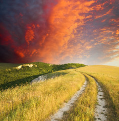 Road lane and deep sky.