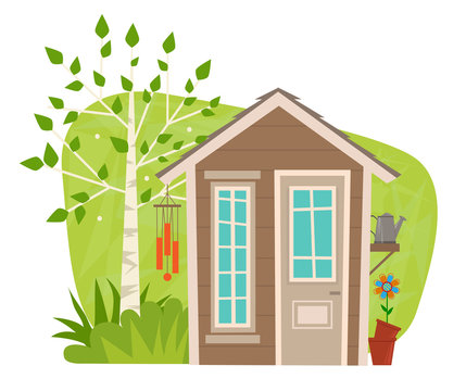 Cute Garden Shed - clip-art of a small garden shed with tree, wind chime, watering can and flower. Eps10