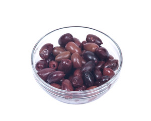 Jumbo pitted kalamata olives in bowl isolated on white background