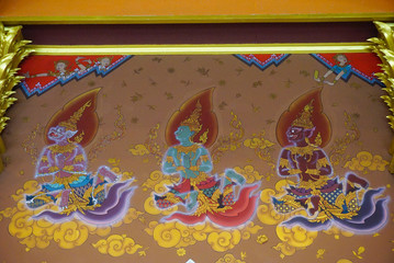 Traditional Thai style painting art on temple wall, Thailand