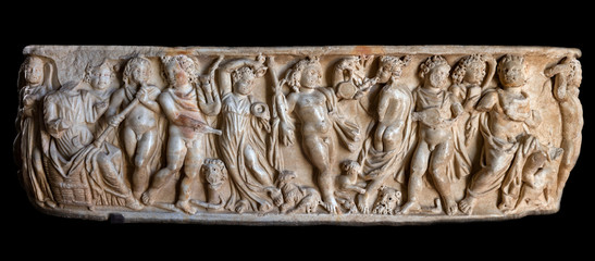 Ancient Roman sarcophagus dated 2nd century AD, depicting Bacchic Thiasos, found in the Taormina Necropolis.