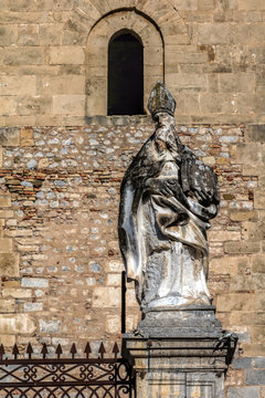 Statue in front of the Cefalu Cathedral in Cefalu, Sicily, Italy