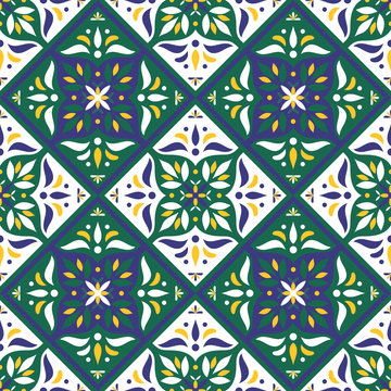 Tiles pattern vector with diagonal oriental ornaments. Portuguese azulejo, mexican talavera, spanish, italian majolica or arabic motifs.