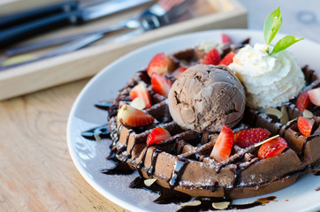 Strawberry waffle with ice cream