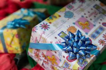 Fototapeta na wymiar winter rain drop on colorful gift box present, christmas and new