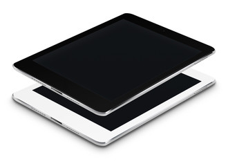 Realistic tablet computers with black screens isolated on white background. 3D illustration.