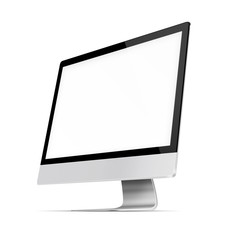 Modern flat screen computer monitor with blank screen isolated on white background. 3D illustration.