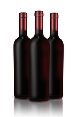 Bottles of wine with reflection and shadows  isolated on white background. 3D illustration.