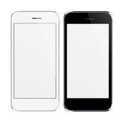 Realistic black and white mobile phones with blank screen isolated on white background. 3D illustration.
