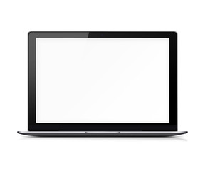 Modern glossy laptop with blank white screen, reflection and shadows isolated on white background. 3D illustration.
