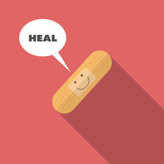 medical smiling face on bandage said heal flat design on red background.