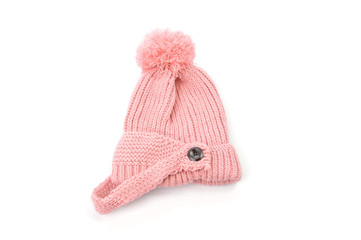 pink knitted hat with pompom isolated on white background