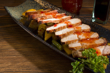 Meat on the Asian vegetable cushion