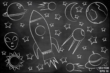 Children set space. Of blue color. On the chalkboard. Planets. Rocket.