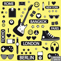 Youth set. Sneakers. Guitar. Isolated on yellow background. Modern. Rock.