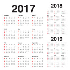 Simple Calendar template for 2017 to 2019