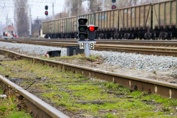 Red semaphore signal on the railway