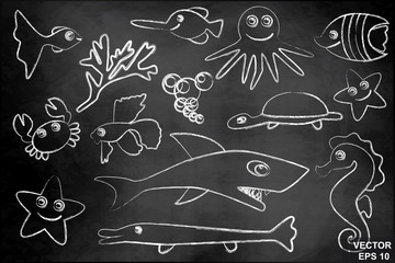 Set of marine inhabitants. Fish. Chalk board. Children. Funny.