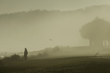 Man standing alone in the fog looking at the landscapes