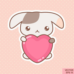 Funny cute kawaii Bunny with Heart Love Vector cartoon Illustration can be used as print or card