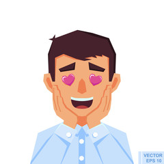 Illustration of a man guy boy with heart. Fall in love, emoji, facial expression, emotional face. Flat style vector