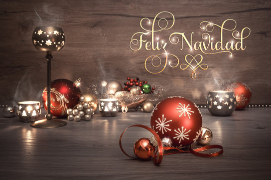 Vintage Christmas background with candles and decorations, text