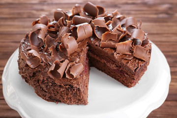 Delicious chocolate cake, closeup