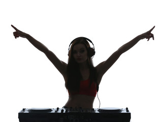 Portrait of pretty young DJ playing music on light background