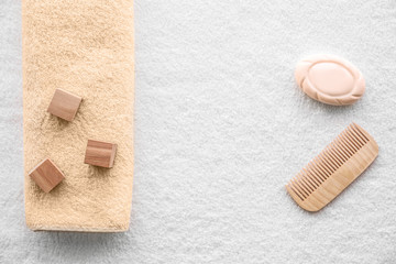 Baby accessories for bathing on towel, flat lay