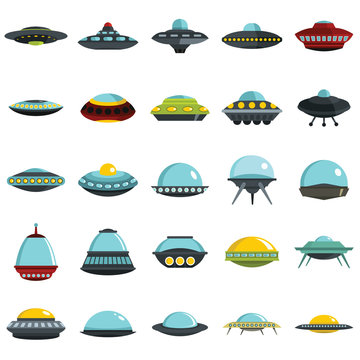 Alien spaceship, spacecrafts and ufo vector set