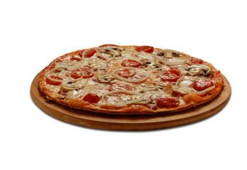 Pizza with ham and bacon. On white background