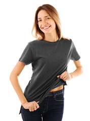 Obraz premium Young woman in blank grey t-shirt on white background