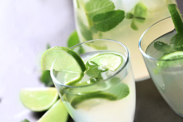 Fresh lime cocktail with mint on grey background