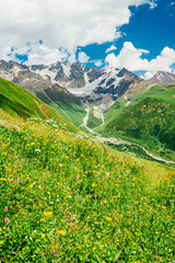 Fototapeta na wymiar Rocky Caucasus Mountains (Bezengi Wall, Shkhara) landscape in Ushguli, Svaneti, Georgia 