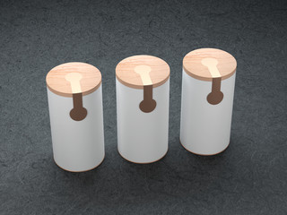 Three white Can Mockup with wooden cover and golden sticker, label. Cylindrical packaging, Tea, coffee. 3d rendering