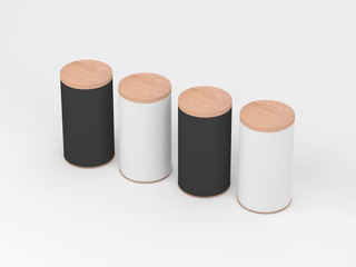 Four Tin Can Mockup with wooden lid. Black and White Cylindrical packaging, Tea, coffee. 3d rendering