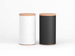 Two Tin Can Mockup with wooden lid. Black and White Cylindrical packaging, Tea, coffee. 3d rendering