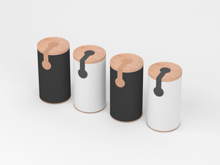 Four Cans Mockup with wooden cover and sticker, label. Black and White Cylindrical packaging, Tea, coffee. 3d rendering