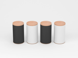 Four Tin Can Mockup with wooden cover, lid. Black and White Cylindrical packaging, Tea, coffee. 3d rendering