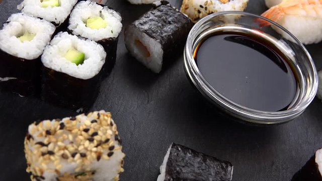 Sushi (with Soy Sauce) as seamless loopable rotating 4K UHD footage
