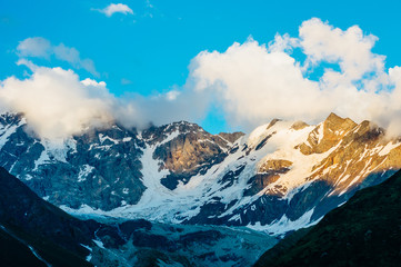Rocky Caucasus Mountains (Bezengi Wall, Shkhara) landscape in Ushguli, Svaneti, Georgia  