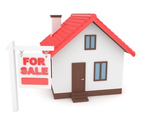 Miniature model of house real estate for sale on white background. Agency sale. 3D rendering.